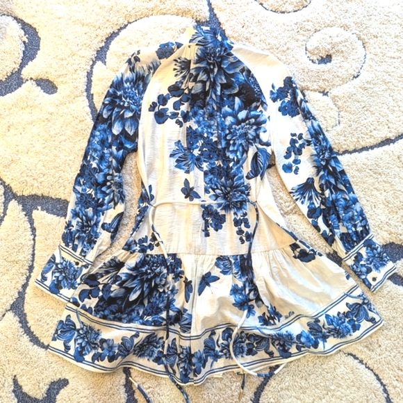 H&M Tie - Belt Floral White And Blue Dress Size M - Picture 3 of 7